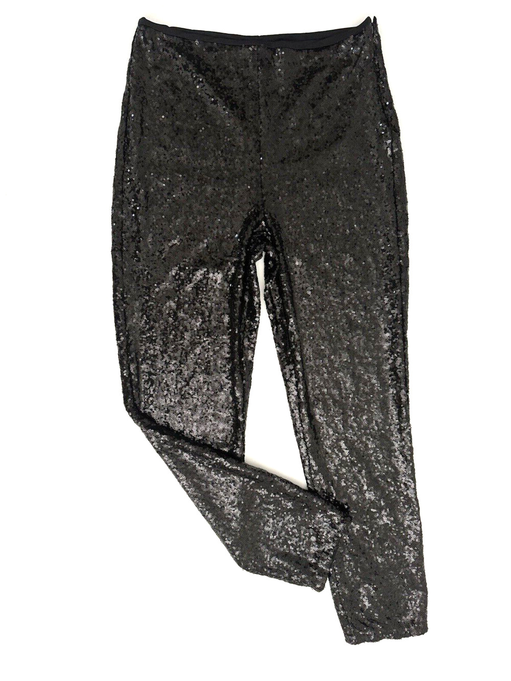 Black Sequins Pants by AQUA Large High-Rise Tapered Stretch Festive Party Night